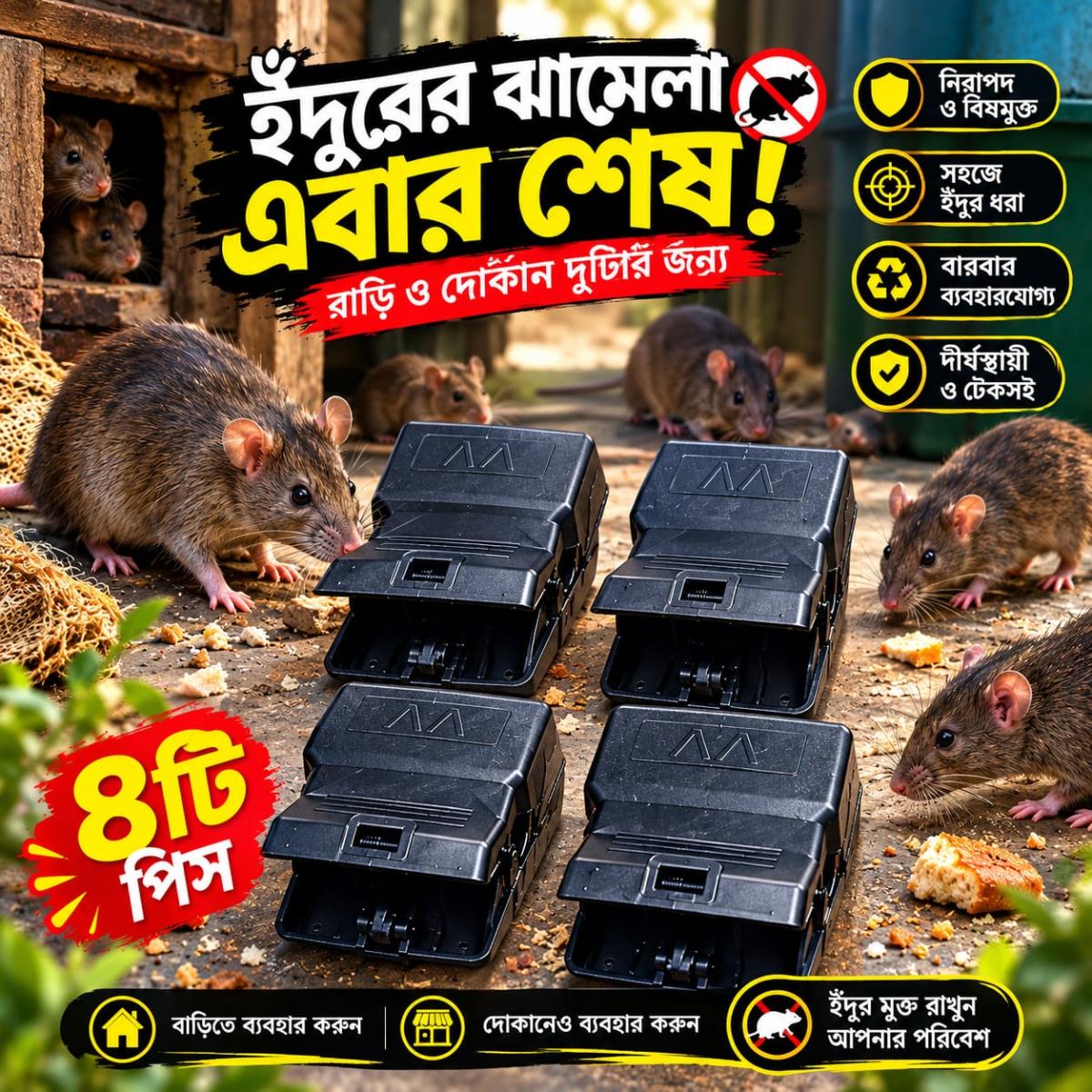 Smart Mouse Trap Box (রিইউজেবল ইঁদুর ধরার ফাঁদ) – ৪ পিস সেট
